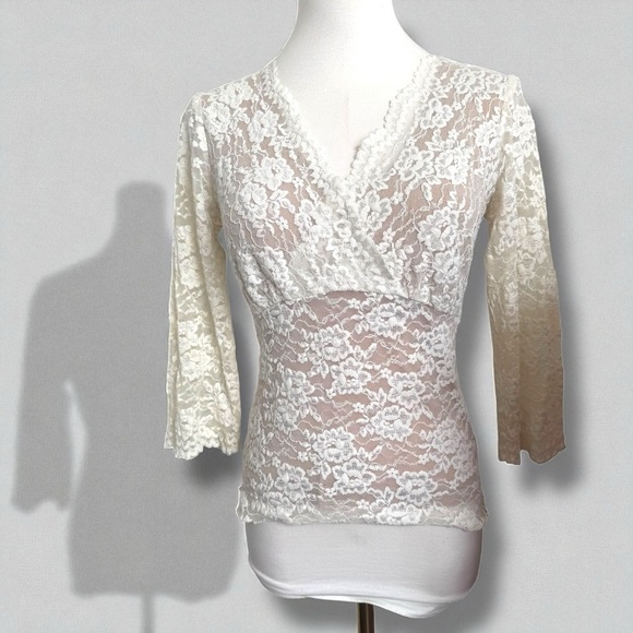 Vintage White Lace Mesh Top – Y2K Coquette Fairycore Romantic Blouse S - Picture 1 of 6